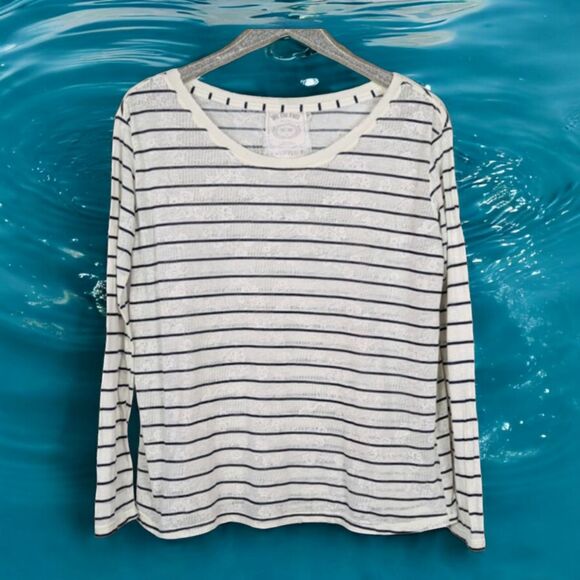 FREE PEOPLE We the Free Lace-Embossed Burnout Slub Knit Striped Top Medium - Picture 1 of 7